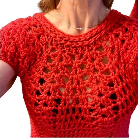 Vintage 60s Red Micro Mini Dress Crochet Hot pants Handmade Open Chunky Knit L - Picture 2 of 16